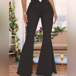 Elegant Black Flare Bell Bottom, Mid Rise Stretch Raw Hem cut